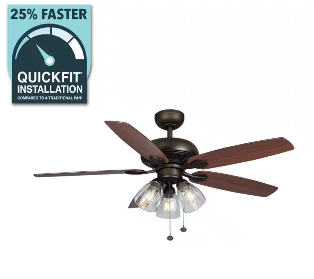 Hampton Bay Rockport 52 in. Indoor LED Bronze Ceiling Fan with Light Kit, Downrod, and 5 Reversible Blades 91851