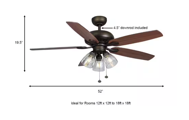 Hampton Bay Rockport 52 in. Indoor LED Bronze Ceiling Fan with Light Kit, Downrod, and 5 Reversible Blades 91851
