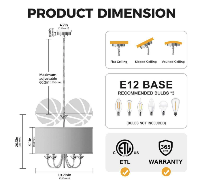YANSUN 20 in. 5-Light Chrome Candle Style Empire Chandelier with Fabric Shades for Home Lighting HA-ZX22501ECH-1AP1