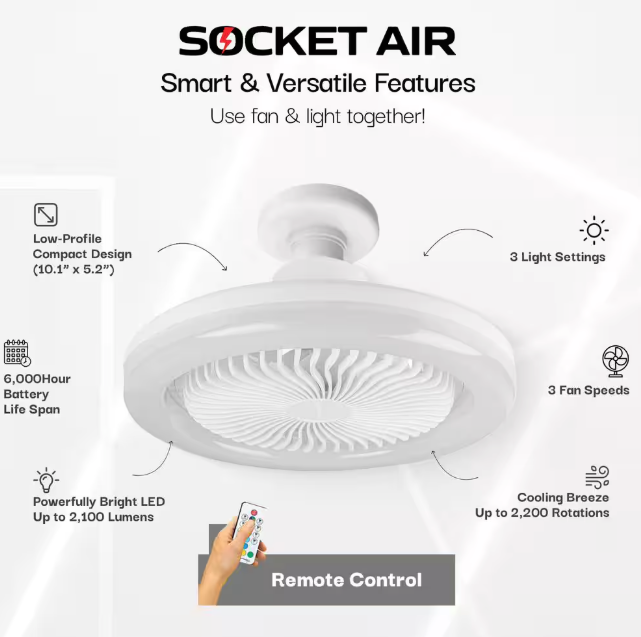 Bell + Howell 10.1 in. LED Color Changing Indoor White Ceiling Fan with Remote, Socket Air 2308QPH