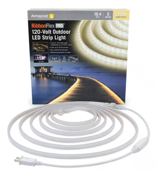Armacost Lighting RibbonFlex Pro Outdoor 16.4 ft. 120V Plug-In Warm White 2700K LED Rope Light Strip Kit 139430