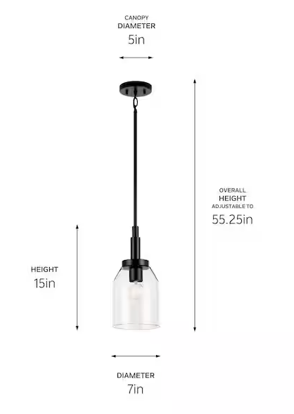 KICHLER Madden 1-Light Black Modern Kitchen Hanging Mini Pendant Light with Clear Glass 52725BK