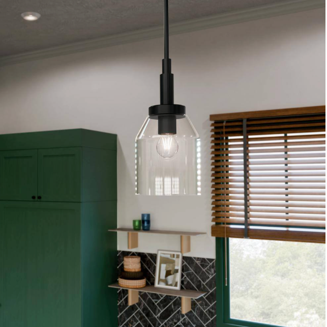 KICHLER Madden 1-Light Black Modern Kitchen Hanging Mini Pendant Light with Clear Glass 52725BK