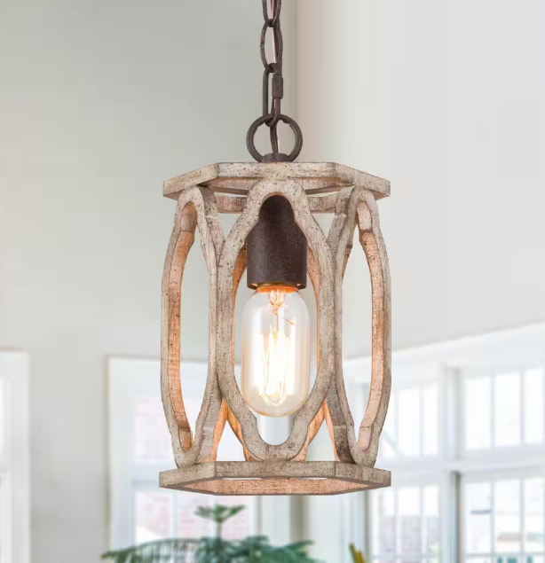 LNC Farmhouse Wood Pendant 6 in. W 1-Light Brown Drum Cage Rustic Island Pendant Light for Kitchen, Living Room, Foyer IFRUUMHD1406177