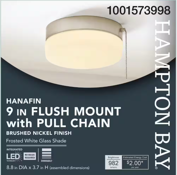 Hampton Bay Hanafin 9 in. Light Brushed Nickel Integrated LED Ceiling Flush Mount w/ Glass Shade and Pull Chain, Soft White (3000K) CG3aA015CR1D30