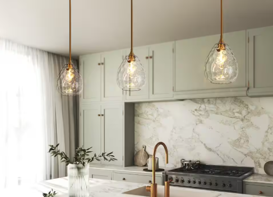 LNC Classic 1-Light Brass Pendant Light Modern Kitchen Island Dining Room Chandelier with Clear Water Wave Glass Globe LRNIFZZ527529C