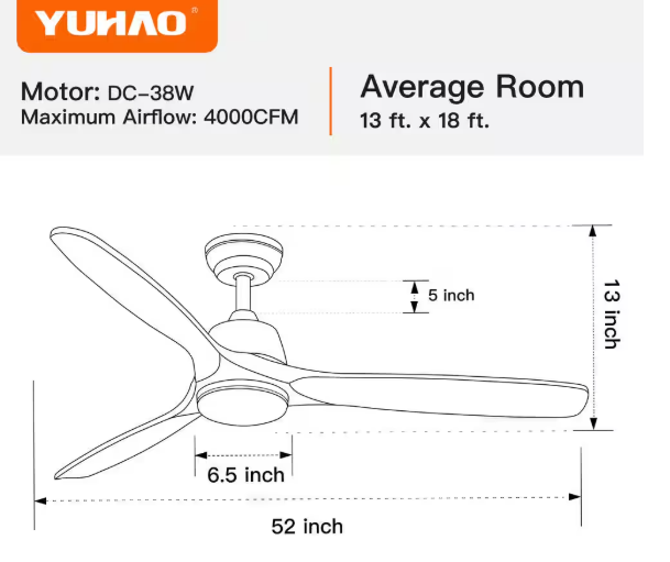 YUHAO Farmhouse 52 In. Indoor Solid Wood Blades Brushed Nickel Ceiling Fan with Integrated LED Light Kit and Remote Control 52DY1110SN