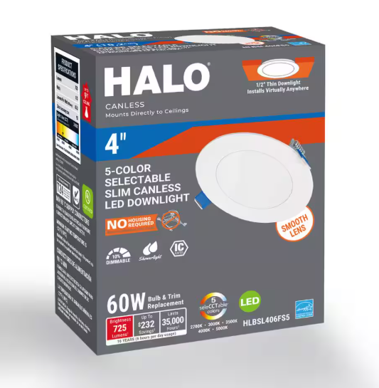 HALO HLBSL 4 in. Can Less Integrated LED, 600 Lumens, 5CCT, White HLBSL406FS5