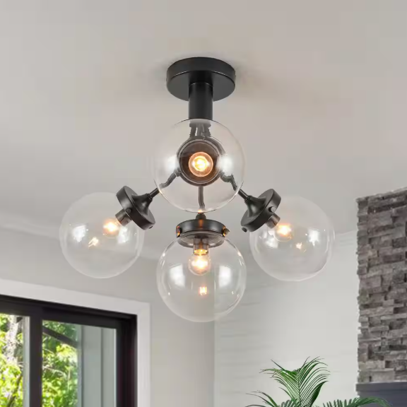 HUOKU Cielo 4-Light 21.7 in. W Matte Black Semi-Flush Mount Modern Chandelier with Clear Glass Shades Hallway Ceiling Light PD1069901