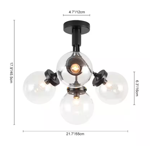HUOKU Cielo 4-Light 21.7 in. W Matte Black Semi-Flush Mount Modern Chandelier with Clear Glass Shades Hallway Ceiling Light PD1069901