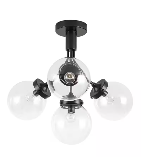 HUOKU Cielo 4-Light 21.7 in. W Matte Black Semi-Flush Mount Modern Chandelier with Clear Glass Shades Hallway Ceiling Light PD1069901