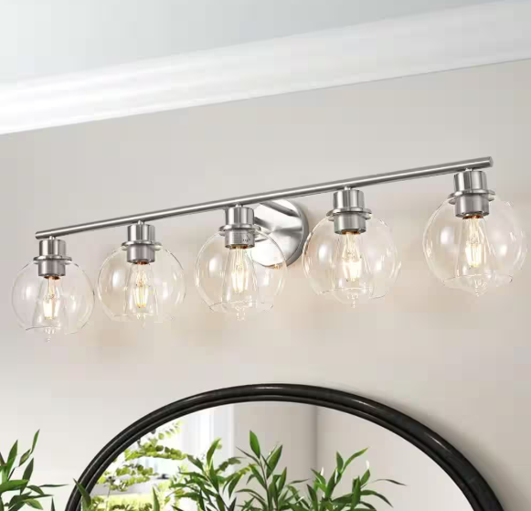 Deyidn Modern 37.4 in. 5-Light Nickel Bathroom Vanity Light Interior Powder Room Lighting with Clear Globe Shades 1746-5N