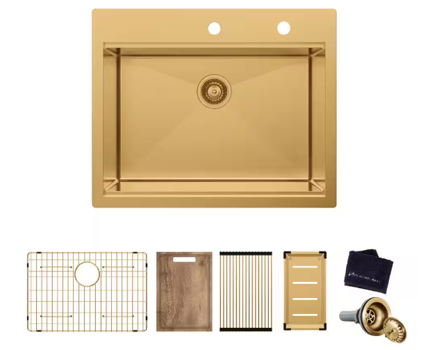 Glacier Bay 27 in. Drop-In Single Bowl 18-Gauge Gold Stainless Steel Workstation Kitchen Sink with Accessories (faucet not included)