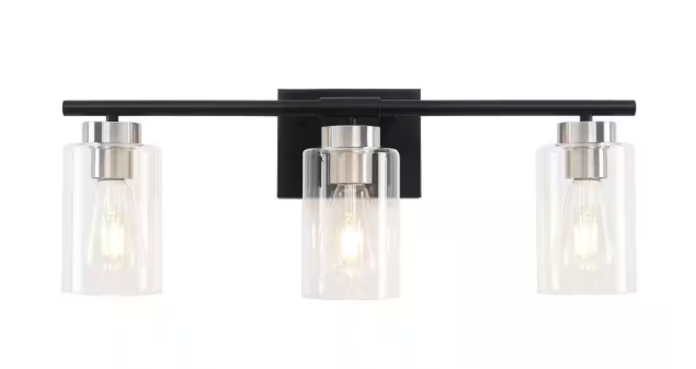 LWYTJO 22.83 in. 3-Light Black and Nickel Vanity Light with Clear Glass Shade