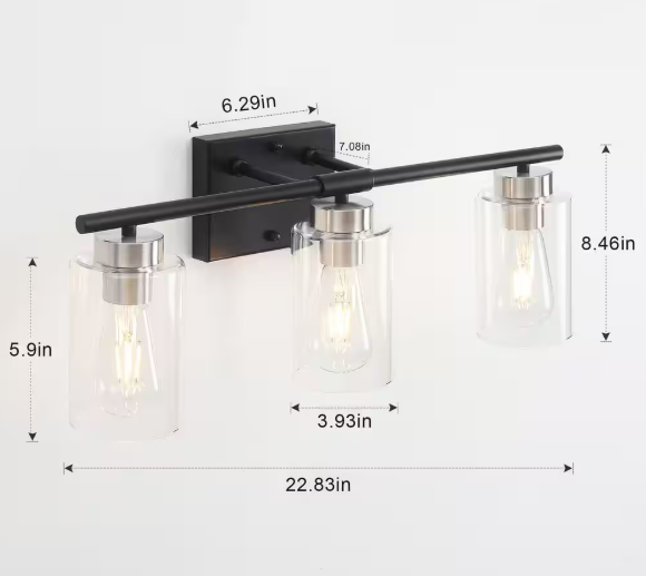 LWYTJO 22.83 in. 3-Light Black and Nickel Vanity Light with Clear Glass Shade