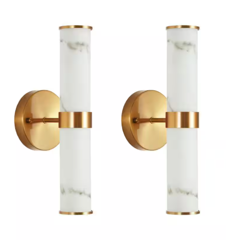 PUDO 4.70 in. 2-Light Gold Resin Imitation Marble Texture Wall Sconce LED Vanity Light Set of 2 WallSconce58-GD-W1340P189553