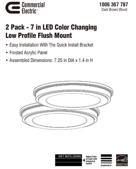 Commercial Electric 7 in. Dark Brown Wood 3-CCT LED Round Flush Mount, Low Profile Ceiling Light (2-Pack) JJU3011LS-4/WD