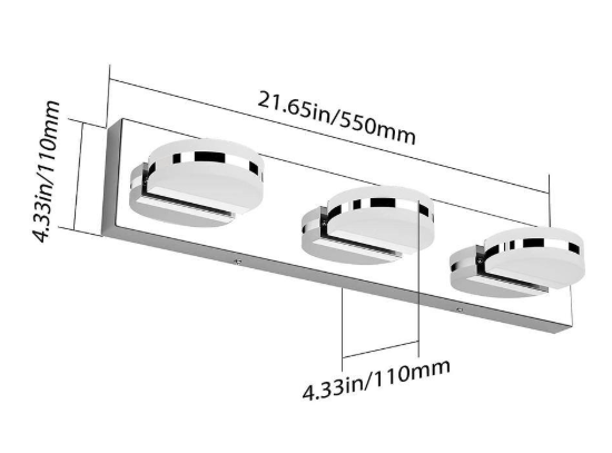 JUSHENG 21.7 in. 3 Light Chrome LED Vanity Light with 360 Up and Down Dimmable 5500K Light HD-5892-3-Chrome-5500K