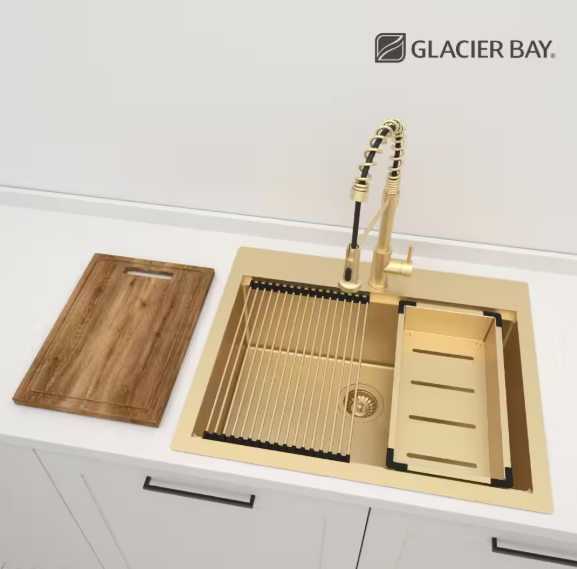 Glacier Bay 27 in. Drop-In Single Bowl 18-Gauge Gold Stainless Steel Workstation Kitchen Sink with Accessories (faucet not included)