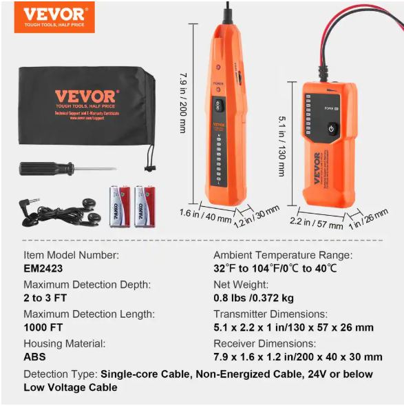 VEVOR Underground Cable Locator 3 ft. Max. Detection Depth Wire Tracer Break Detector Finder 1000 ft. Detection Length DXDLDWQ3FTZSSNRRNV9