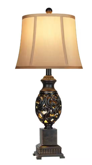 Rottogoon 28 in. Black Tall Bedside Lamp with Night Light Vintage Bronze Table Lamp with Faux Silk Shade for Living Room End Table PALP390AB2