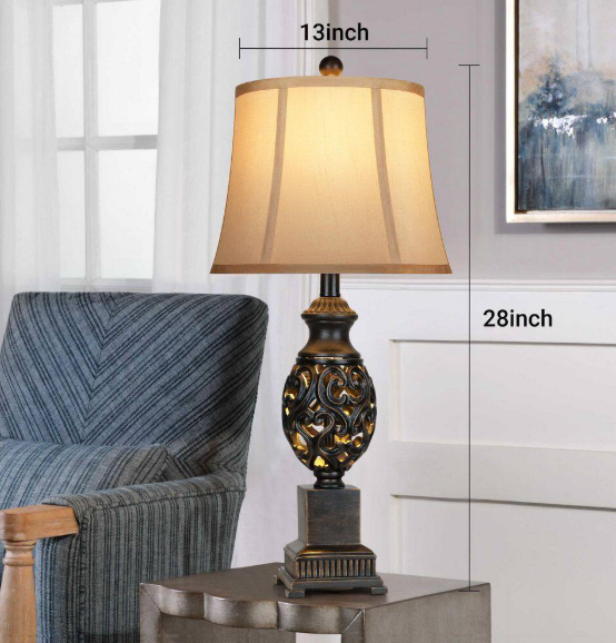 Rottogoon 28 in. Black Tall Bedside Lamp with Night Light Vintage Bronze Table Lamp with Faux Silk Shade for Living Room End Table PALP390AB2