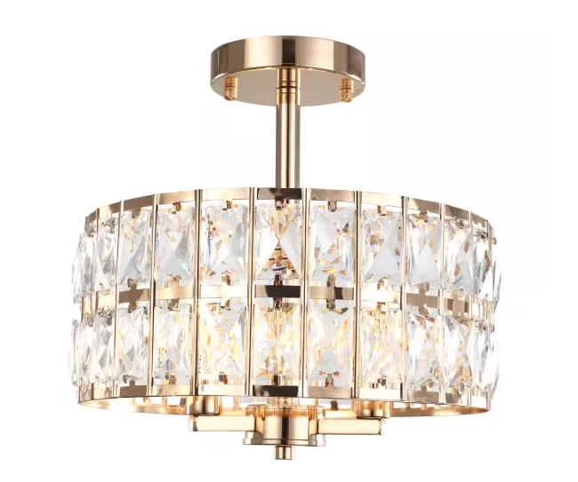 ADSENSTY 12.59 in. 3-Light French Gold Modern Drum Semi-Flush Mount Light With Clear Crystal Glass Shade and No Bulbs Included HD-3-FG-X00038