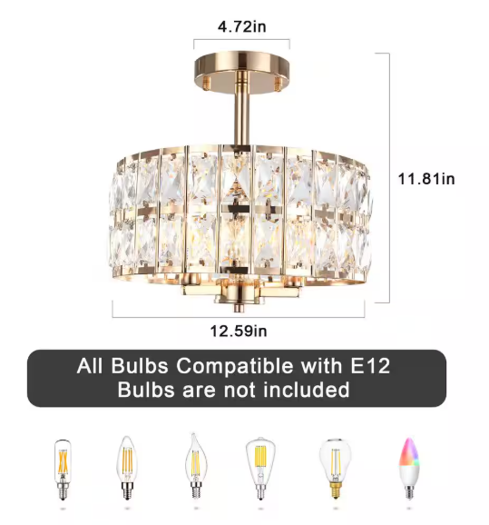 ADSENSTY 12.59 in. 3-Light French Gold Modern Drum Semi-Flush Mount Light With Clear Crystal Glass Shade and No Bulbs Included HD-3-FG-X00038