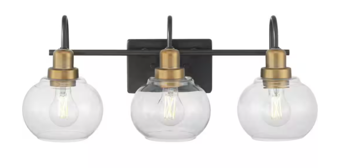 Home Decorators Collection Halyn 23 in. 3-Light Matte Black with Vintage Brass Bathroom Vanity Light Accents and Clear Glass Shades 1019HDCMBVBDI