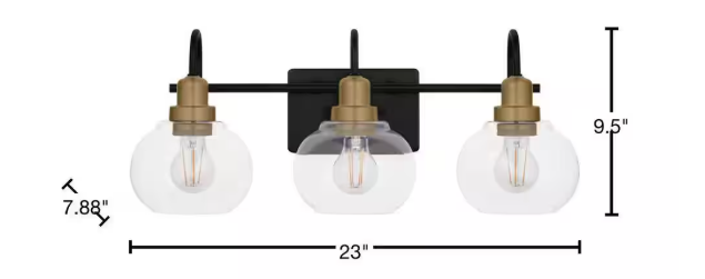 Home Decorators Collection Halyn 23 in. 3-Light Matte Black with Vintage Brass Bathroom Vanity Light Accents and Clear Glass Shades 1019HDCMBVBDI