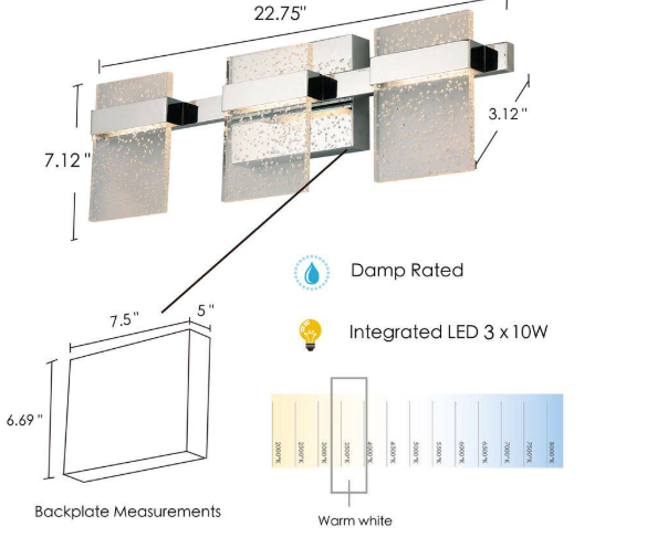 Eglo Madrona 22.75 in. W x 7.12 in. H 3-Light Chrome Integrated LED Bathroom Vanity Light with Clear Seedy Acrylic Shades 204485A