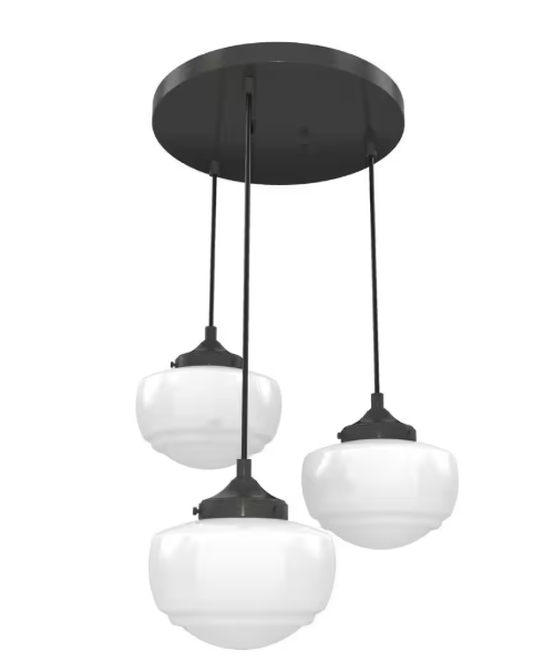 Hunter Saddle Creek 3-Light Noble Bronze Schoolhouse Chandelier with Cased White Glass Shades 19502