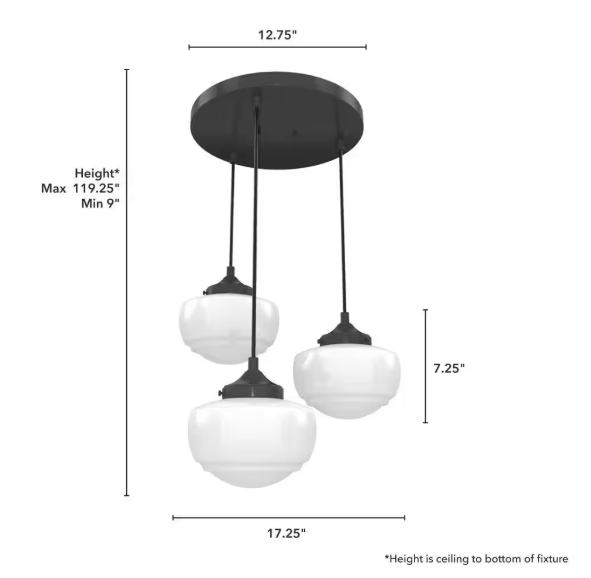 Hunter Saddle Creek 3-Light Noble Bronze Schoolhouse Chandelier with Cased White Glass Shades 19502