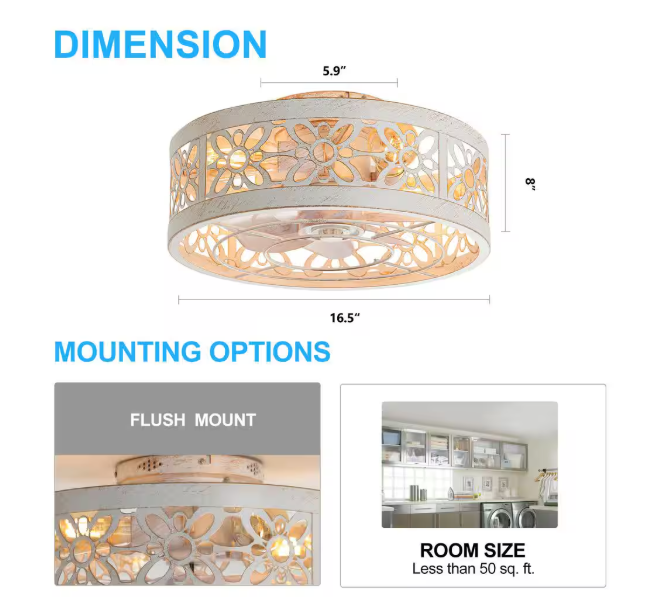 Breezary 16.5 in. Indoor Gold/White Modern Flush Ceiling Fan with Light Kit and Remote Control Included 35012-WG