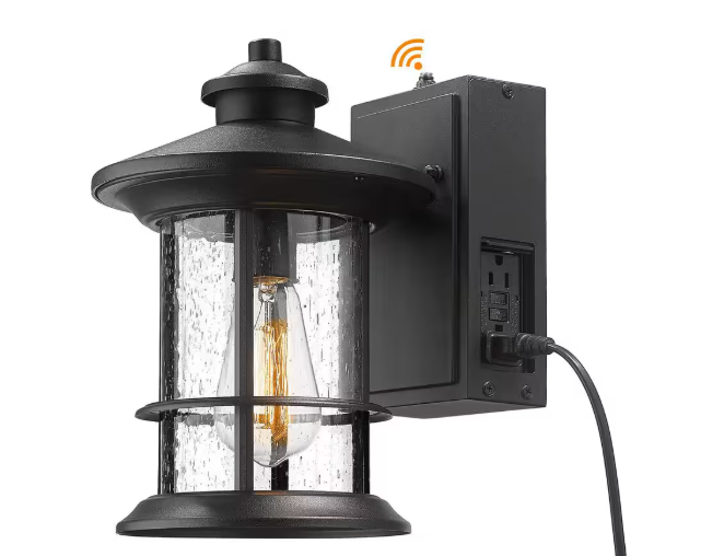 JAZAVA 1-Light Black Outdoor Hardwired Wall Lantern Sconce with Built-In GFCI Outlet Light (2-Pack) HDWE248B2PK