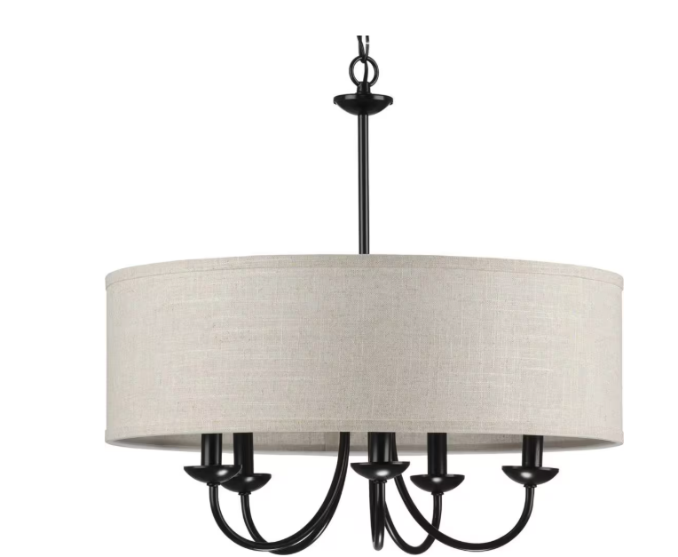 Progress Lighting Drum Shade Collection Farmhouse 21-5/8 in. 5-Light Matte Black with Harvest Linen Shade Chandelier Light P400193-031