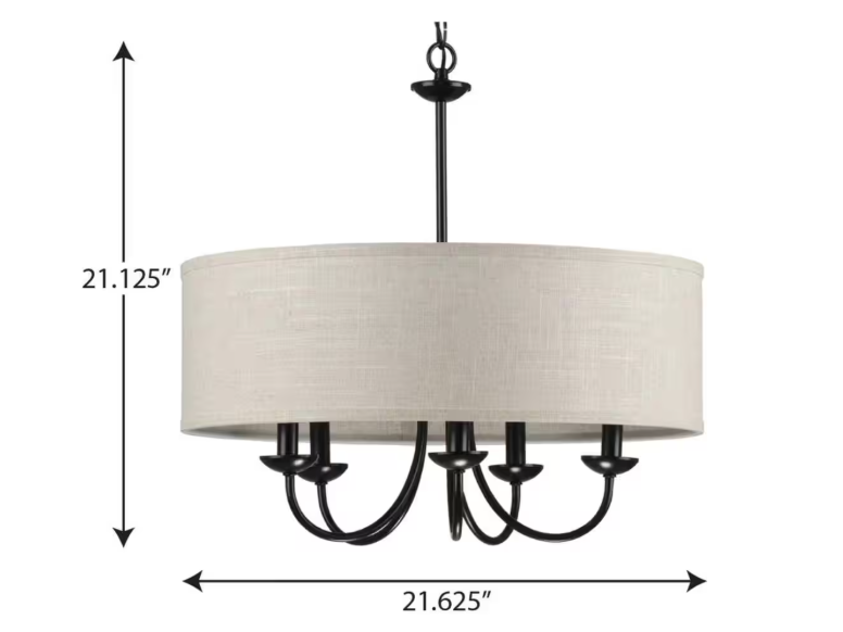 Progress Lighting Drum Shade Collection Farmhouse 21-5/8 in. 5-Light Matte Black with Harvest Linen Shade Chandelier Light P400193-031