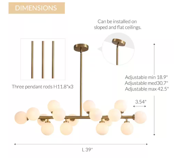 SILJOY 16-Light Brass Globe Sputnik Dining Room Chandelier Mid Century Kitchen Pendant Light SHLP084
