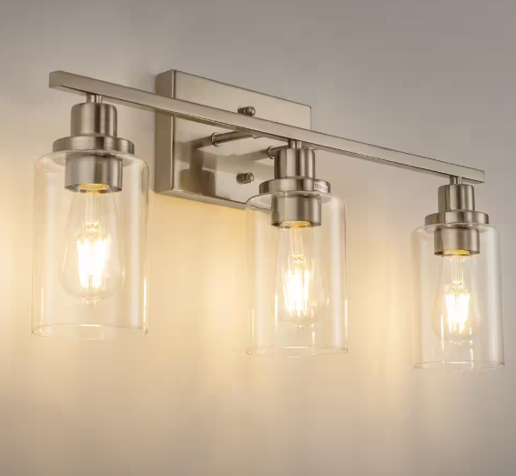 YANSUN 24 in. 3-Light Industrial Brushed Nickel Vanity Light Fixtures for Bathroom with Clear Glass Shades HA-JQ01101CNK-1A