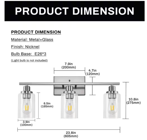 YANSUN 24 in. 3-Light Industrial Brushed Nickel Vanity Light Fixtures for Bathroom with Clear Glass Shades HA-JQ01101CNK-1A