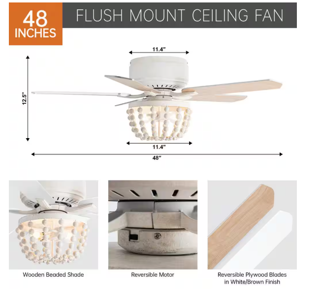 matrix decor 48 in. Indoor Farmhouse White Flush Mount Wood Bead Ceiling Fan with Light Kits and Remote MD-F6355110V