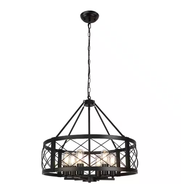 23 in. 6-Light Black Drum Farmhouse Rustic Chandelier for Foyer Dining Room Living Room ZJ154-B-6