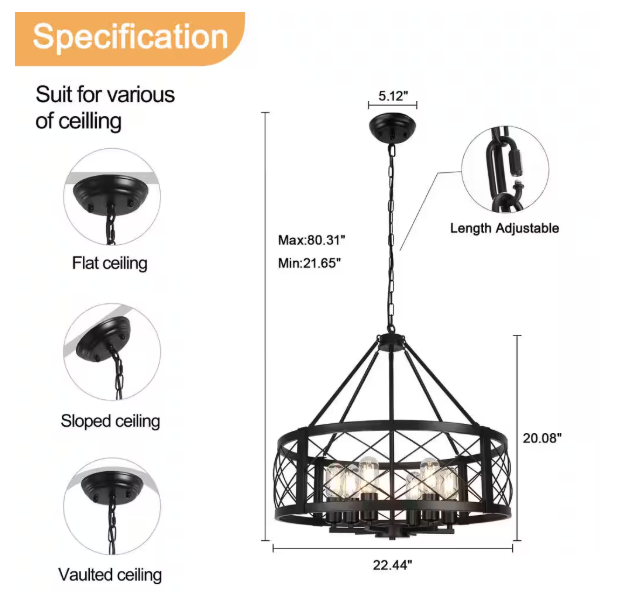 23 in. 6-Light Black Drum Farmhouse Rustic Chandelier for Foyer Dining Room Living Room ZJ154-B-6