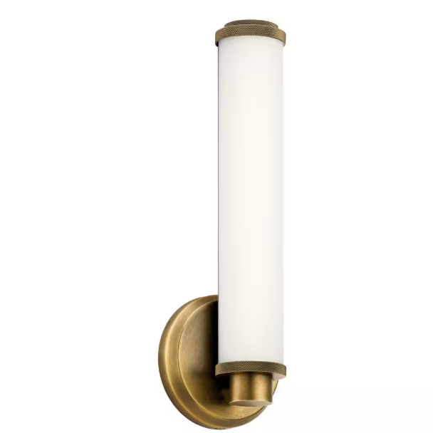 KICHLER Indeco 16-Watt Natural Brass Integrated LED Bathroom Indoor Wall Sconce Light with Satin Etched White Glass Shade 45686NBRLED