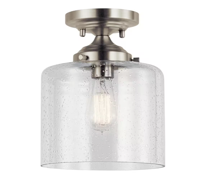 KICHLER Winslow 8.5 in. 1-Light Brushed Nickel Hallway Contemporary Semi-Flush Mount Ceiling Light with Clear Seeded Glass 44033NI