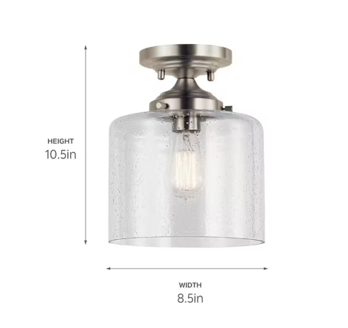 KICHLER Winslow 8.5 in. 1-Light Brushed Nickel Hallway Contemporary Semi-Flush Mount Ceiling Light with Clear Seeded Glass 44033NI