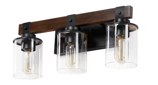 HKMGT Farmhouse 18.5 in. 3-Light Walnut and Black Bathroom Vanity Light with Glass Shade SZD03L03WB