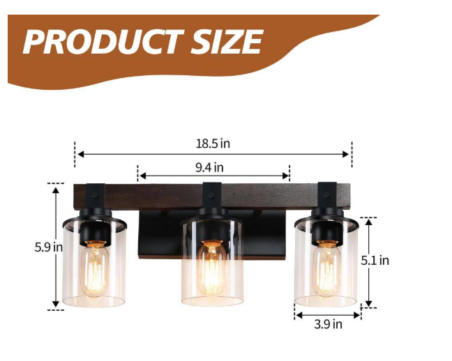 HKMGT Farmhouse 18.5 in. 3-Light Walnut and Black Bathroom Vanity Light with Glass Shade SZD03L03WB