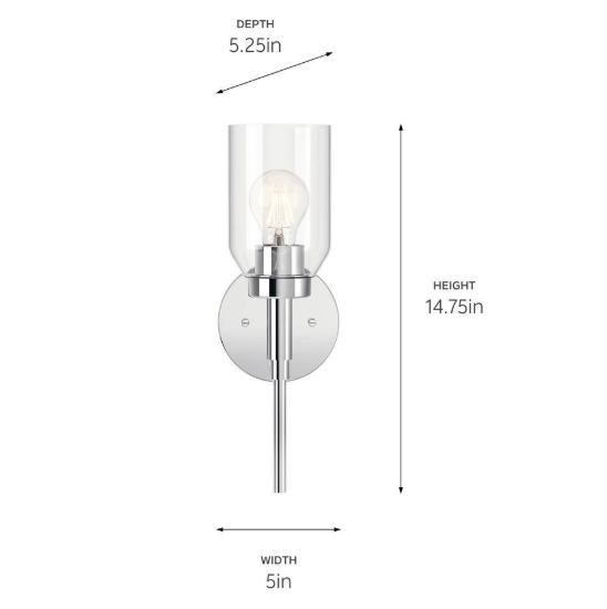 KICHLER Madden 1-Light Chrome Modern Bathroom Indoor Wall Sconce Light with Clear Glass 55183CH