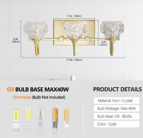 Tidoin 17.3 in. 3-Light Gold Vanity Light Bar (Not Bulbs Included) Light-YDW1-6726